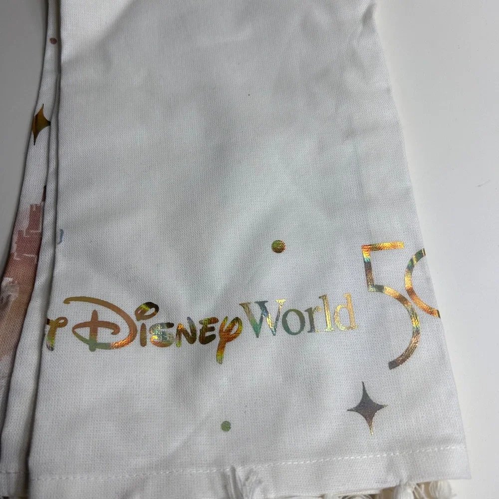 Disney World 50th Anniversary Cinderella Castle Kitchen Towel‎ White Tassels NEW